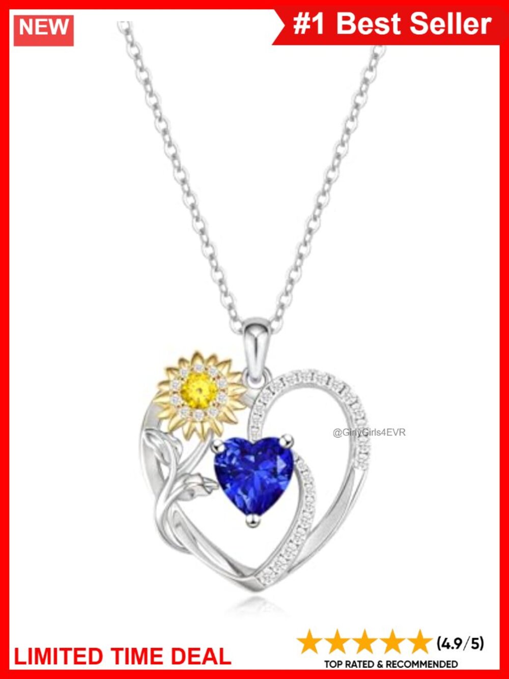 Sterling Silver Heart Sunflower Pendant Necklace 18K White Gold Plated